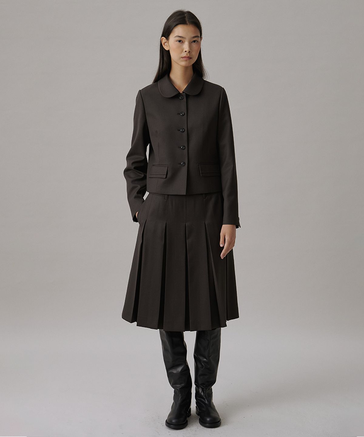 튜드먼트(TTUDEMENT) BOX PLEATS MIDI SKIRT_BROWN