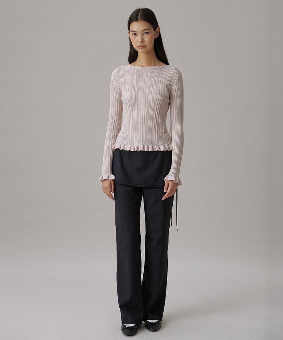 튜드먼트(TTUDEMENT) SLIM-FIT LAYERED SKIRT PANTS_CHARCOAL