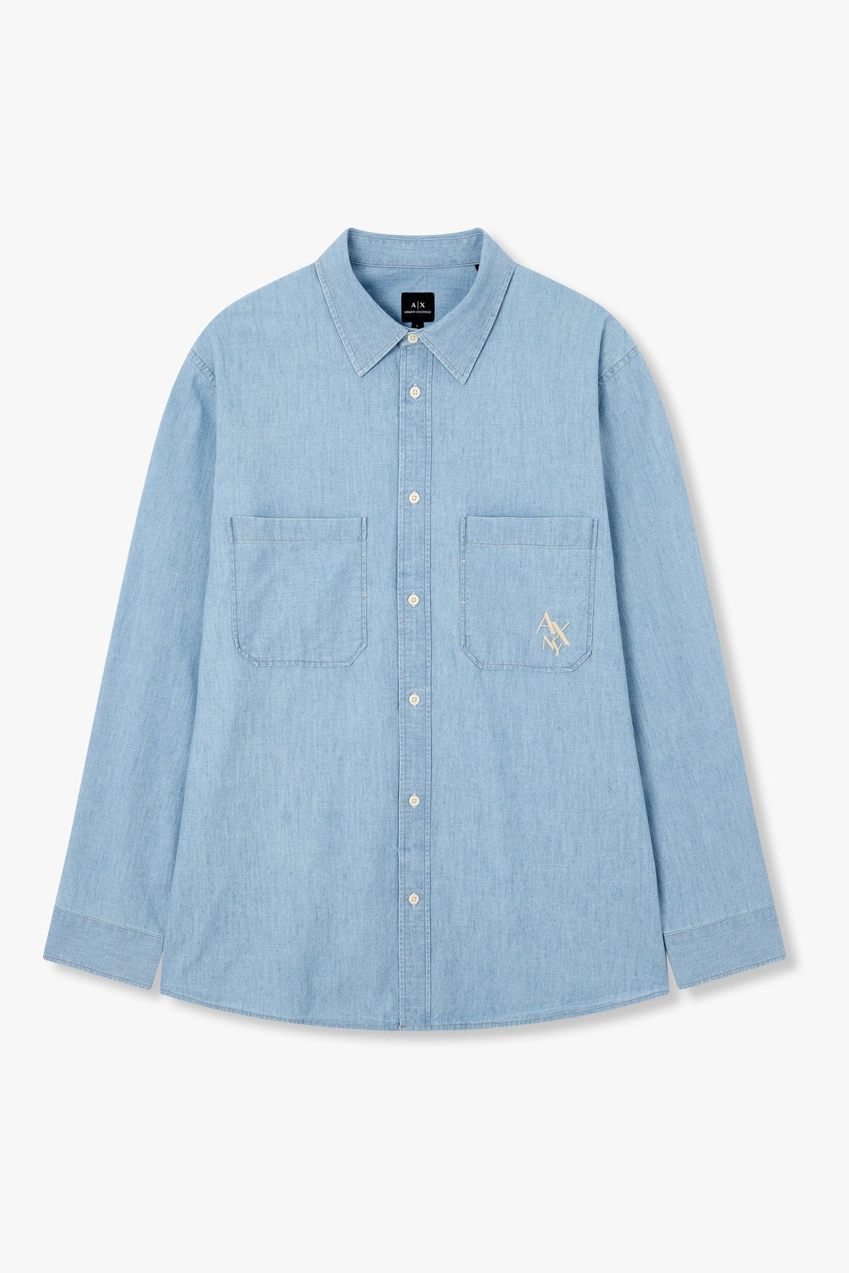 아르마니 익스체인지(ARMANI EXCHANGE) 남성 자수 로고 포켓 데님 셔츠_블루 A415320001