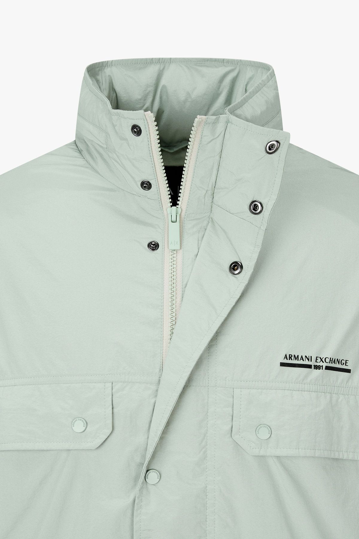아르마니 익스체인지(ARMANI EXCHANGE) 남성 하이넥 히든 후드 나일론 자켓_민트 A415310004