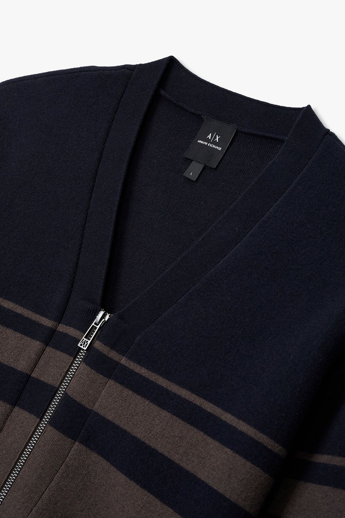 아르마니 익스체인지(ARMANI EXCHANGE) 남성 배색 브이넥 집업 니트 가디건_다크 네이비 A415332019