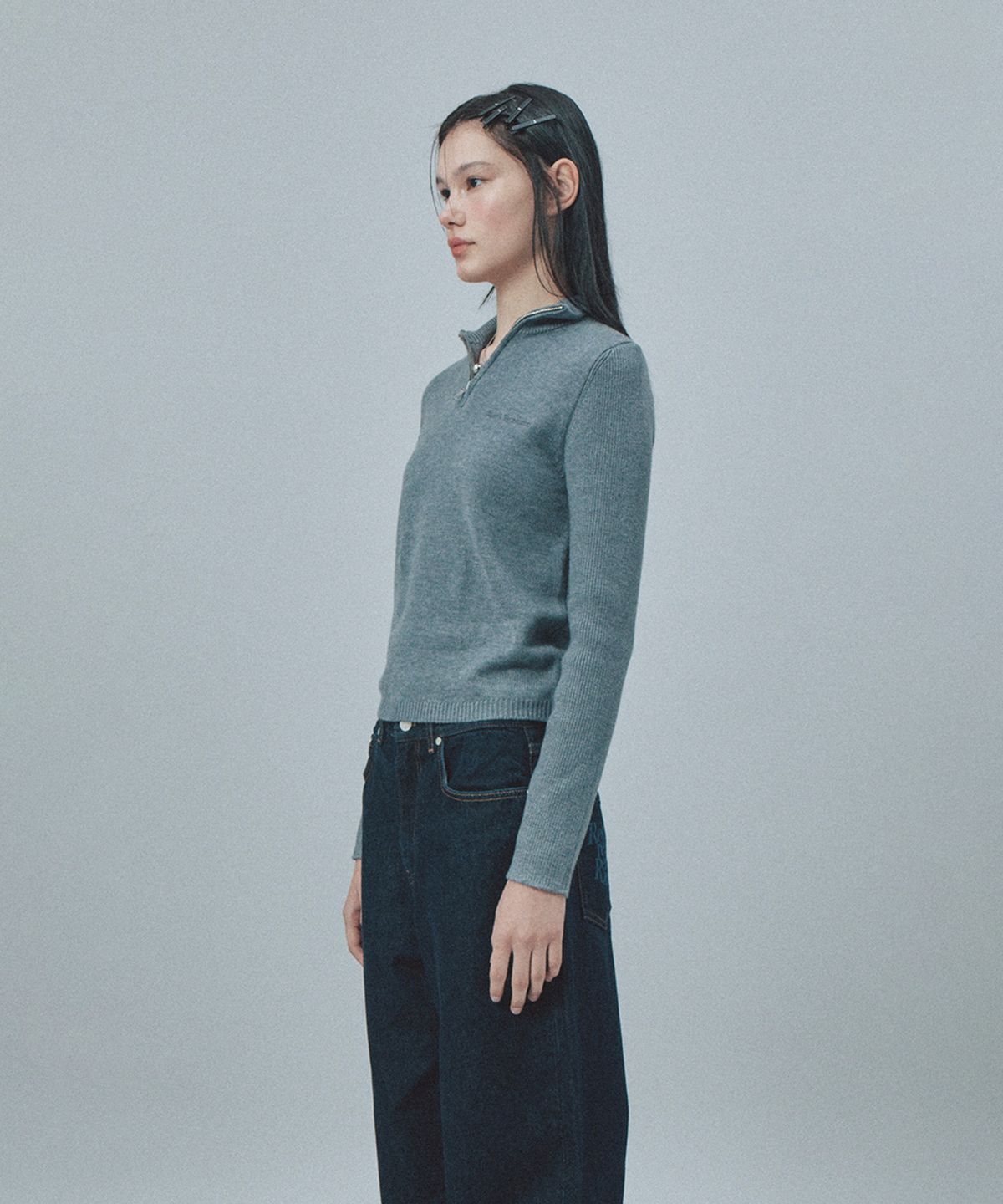 레스트앤레크레이션(REST&RECREATION) SLIM FIT HALF ZIP-UP KNIT - GREY