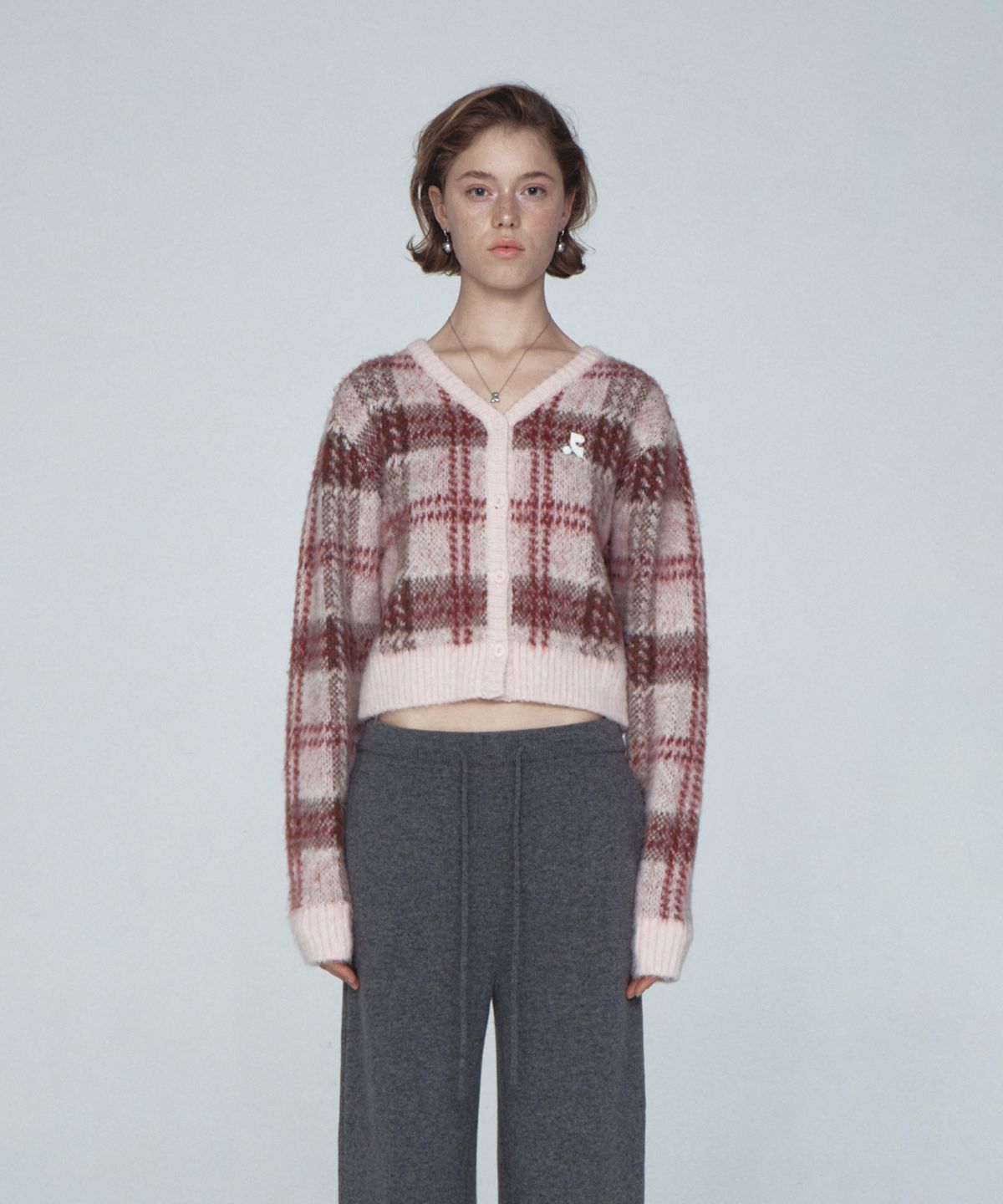 레스트앤레크레이션(REST&RECREATION) CHECK PATTERN HAIRY KNIT CARDIGAN - PINK
