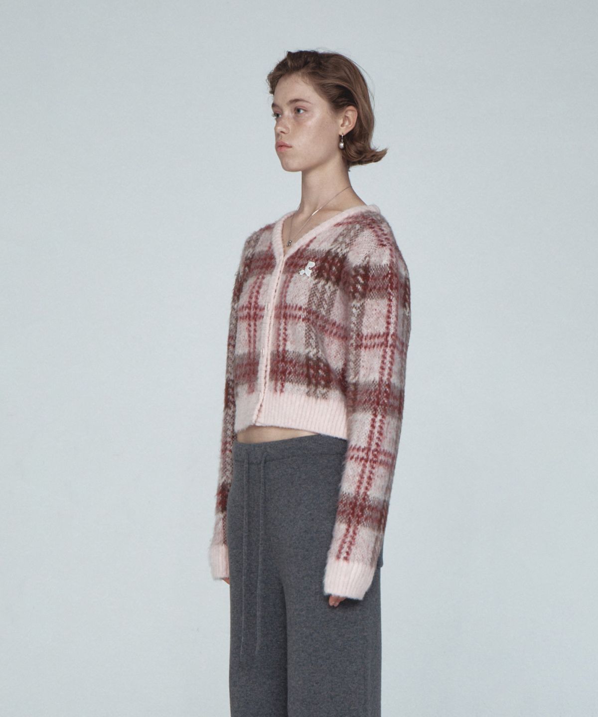 레스트앤레크레이션(REST&RECREATION) CHECK PATTERN HAIRY KNIT CARDIGAN - PINK