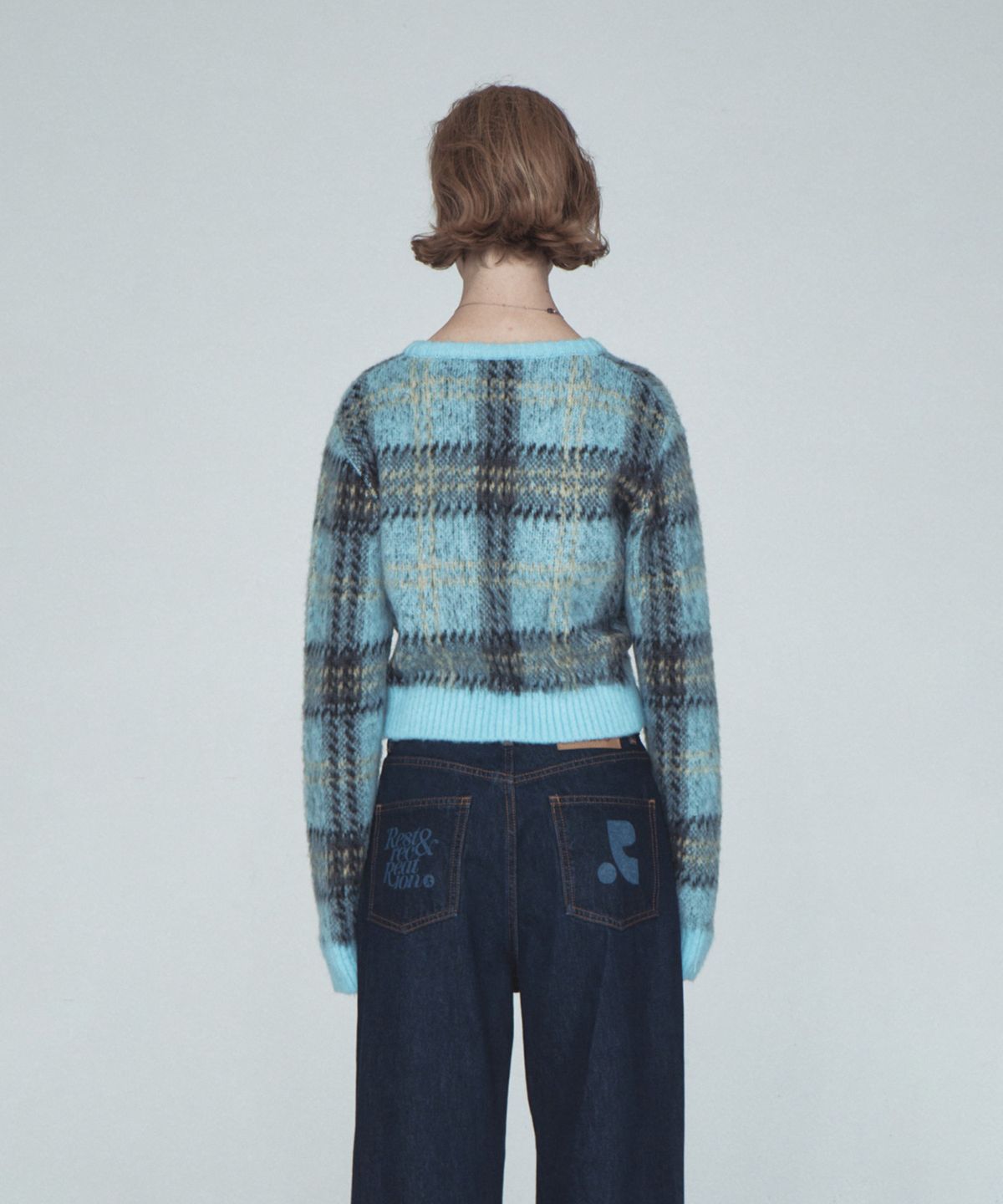 레스트앤레크레이션(REST&RECREATION) CHECK PATTERN HAIRY KNIT CARDIGAN - SKY BLUE