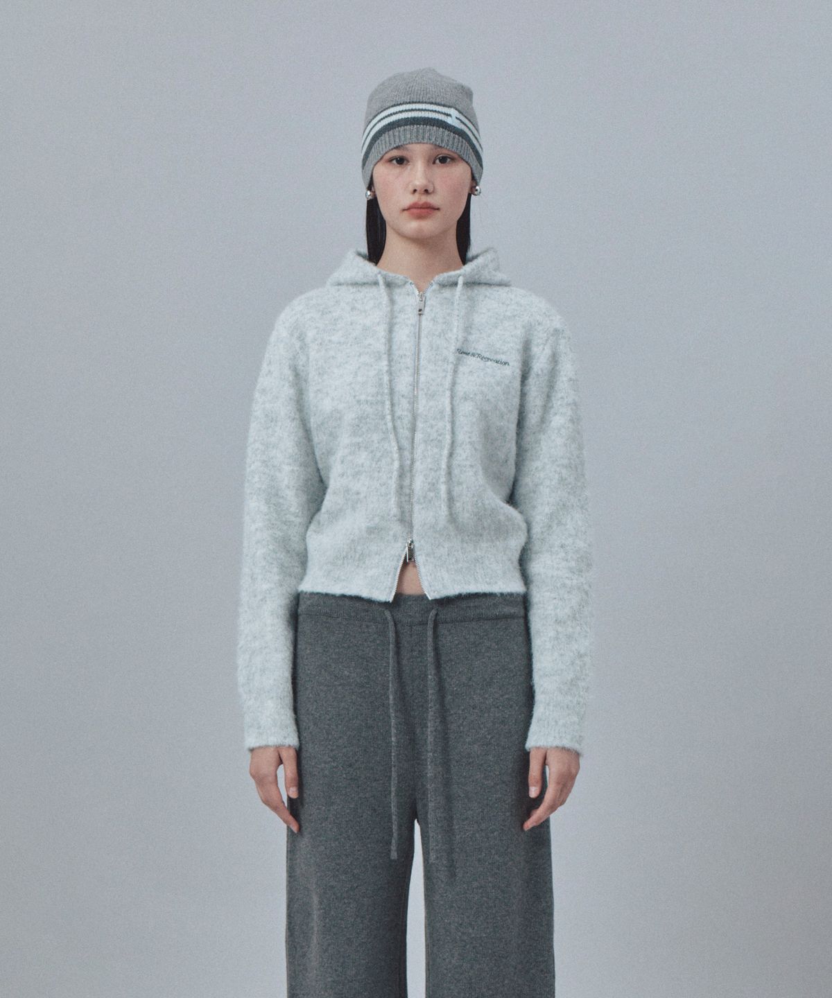 레스트앤레크레이션(REST&RECREATION) HAIRY KNIT HOOD ZIP-UP - LIGHT GREY