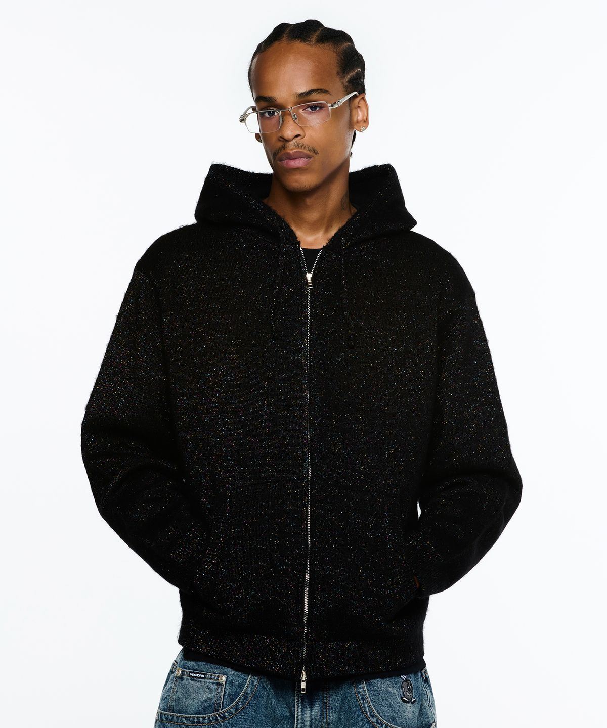 위캔더스(WKNDRS) METALIC KNITTED ZIPUP HOODIE (BLACK)