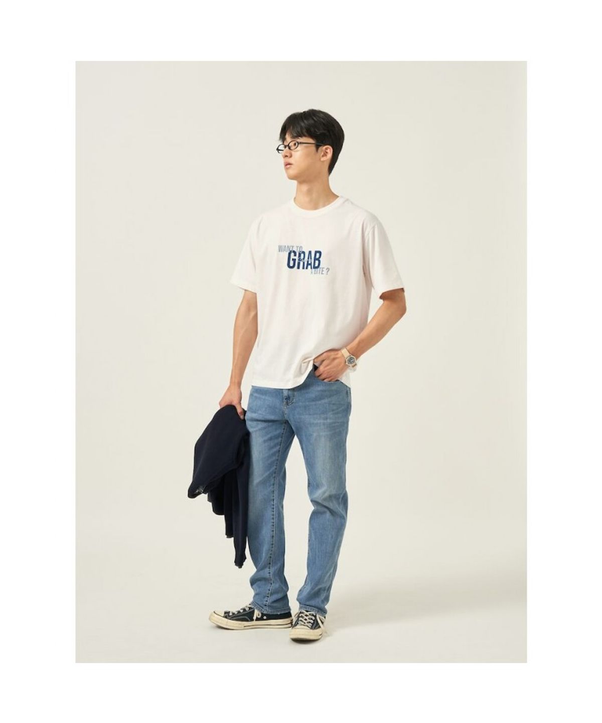 빈폴 멘(BEANPOLE MEN) 남녀공용 GRAB 그래픽 라운드넥 티셔츠  아이보리