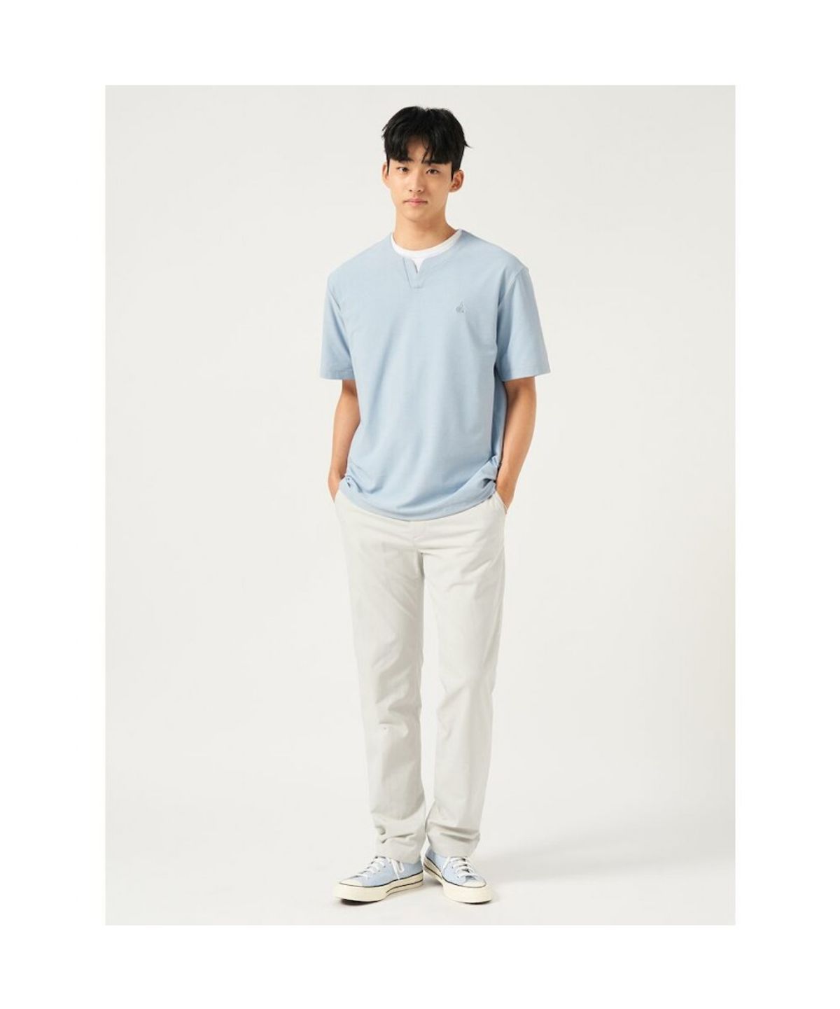 빈폴 멘(BEANPOLE MEN) 메쉬 슬릿넥 반소매 티셔츠  블루