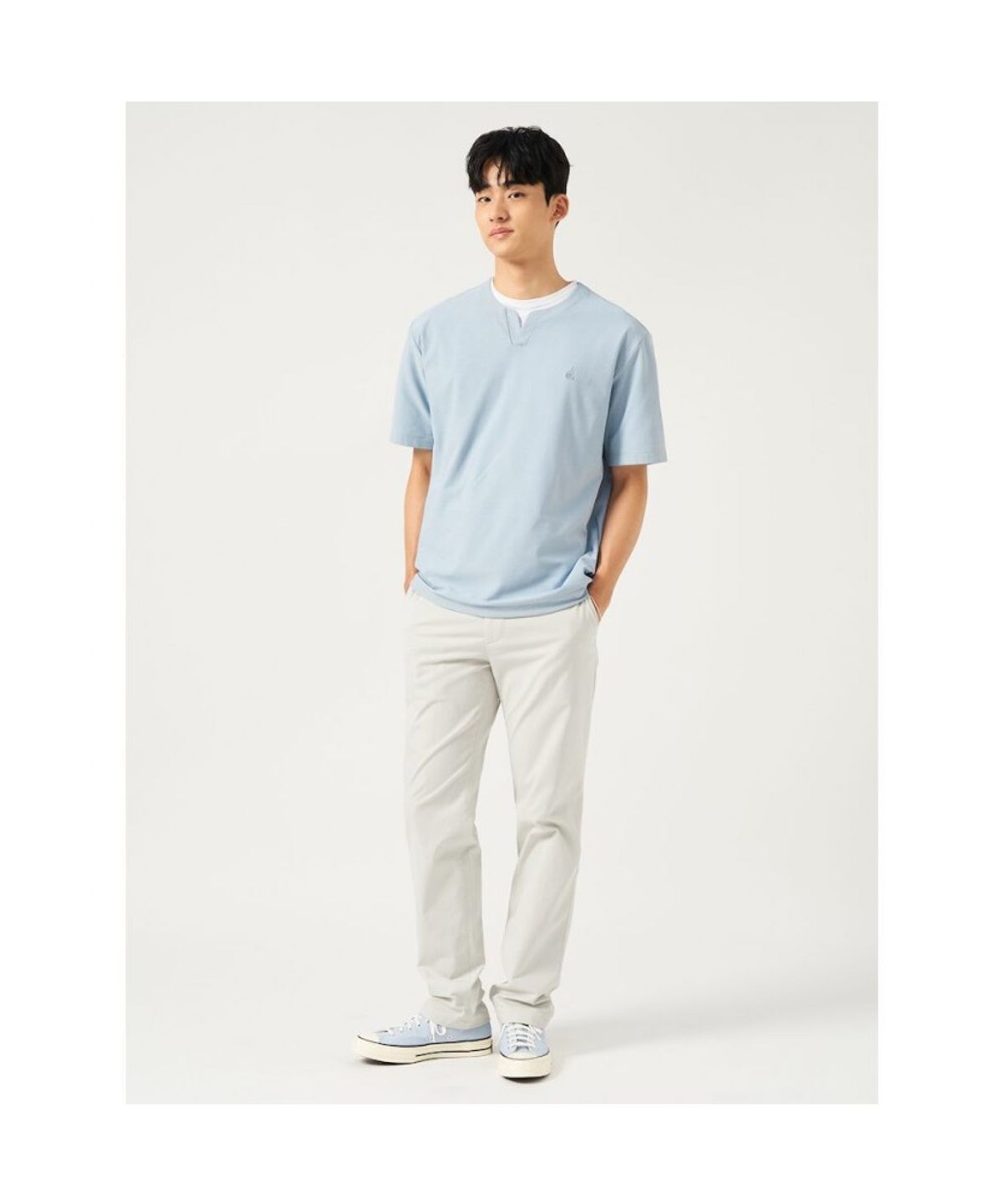 빈폴 멘(BEANPOLE MEN) 메쉬 슬릿넥 반소매 티셔츠  블루