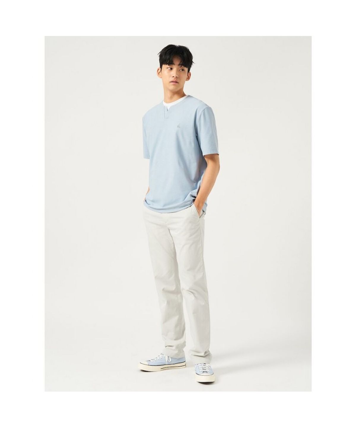 빈폴 멘(BEANPOLE MEN) 메쉬 슬릿넥 반소매 티셔츠  블루