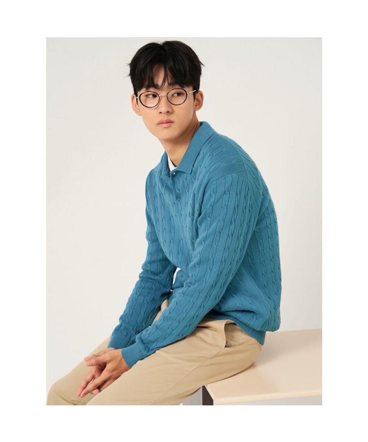 빈폴 멘(BEANPOLE MEN) 코튼 케이블 칼라넥 니트  로열 블루