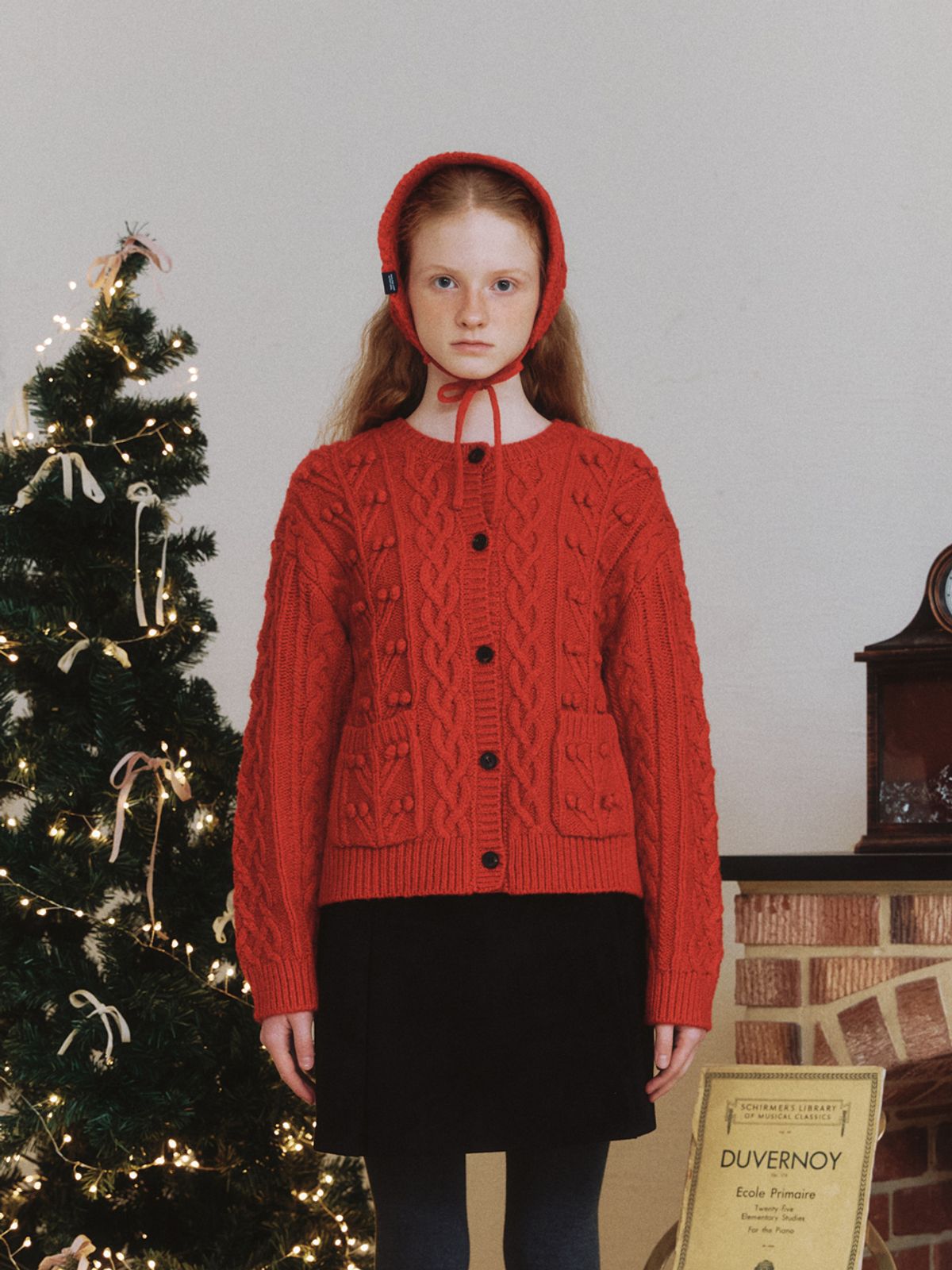 클루니(CLUNY) Pompom cable knit cardigan - red