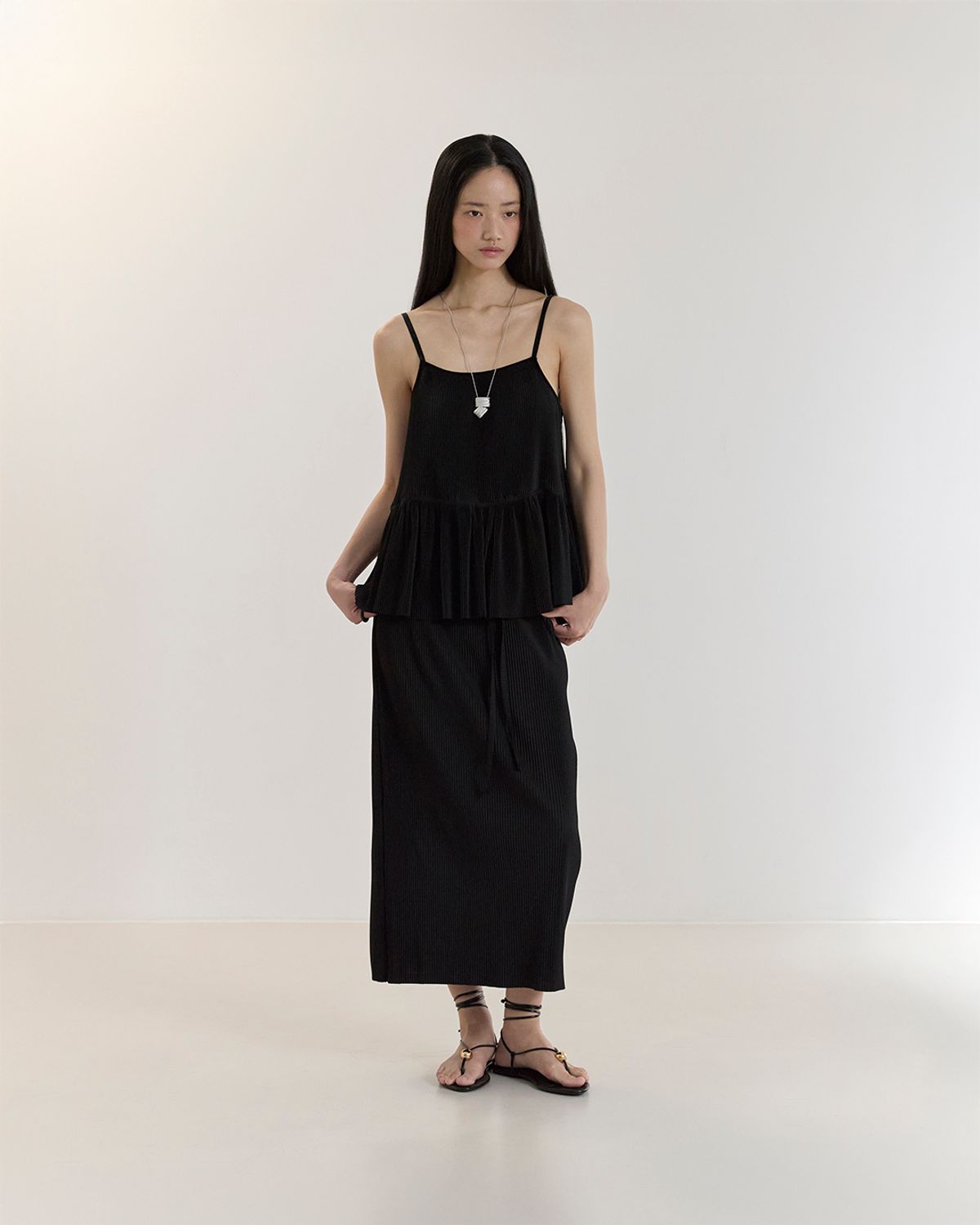 커렌트(CURRENT) PLEATS LONG SKIRT(BLACK)