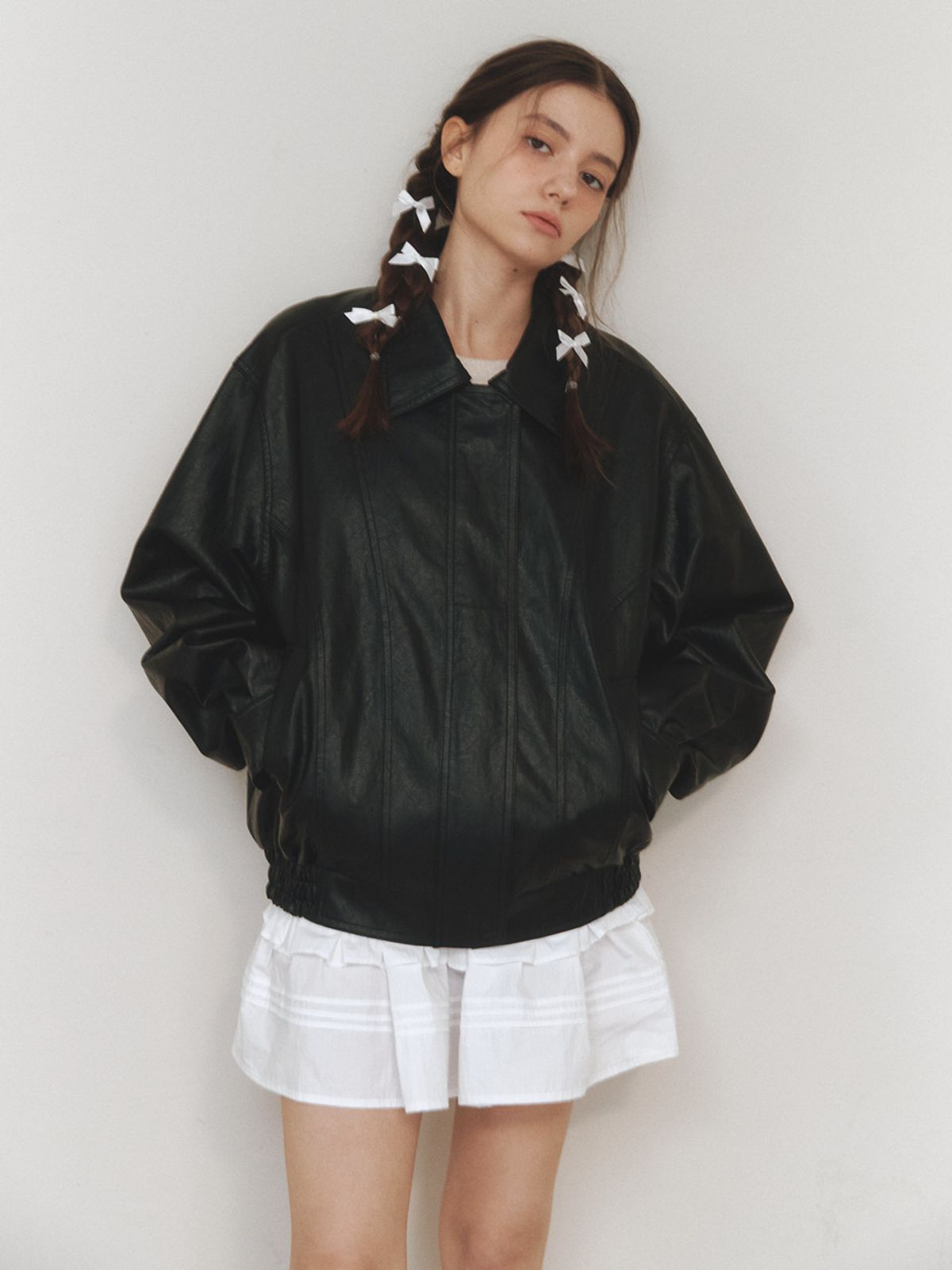 클루니(CLUNY) Overfit leather blouson jumper -  black