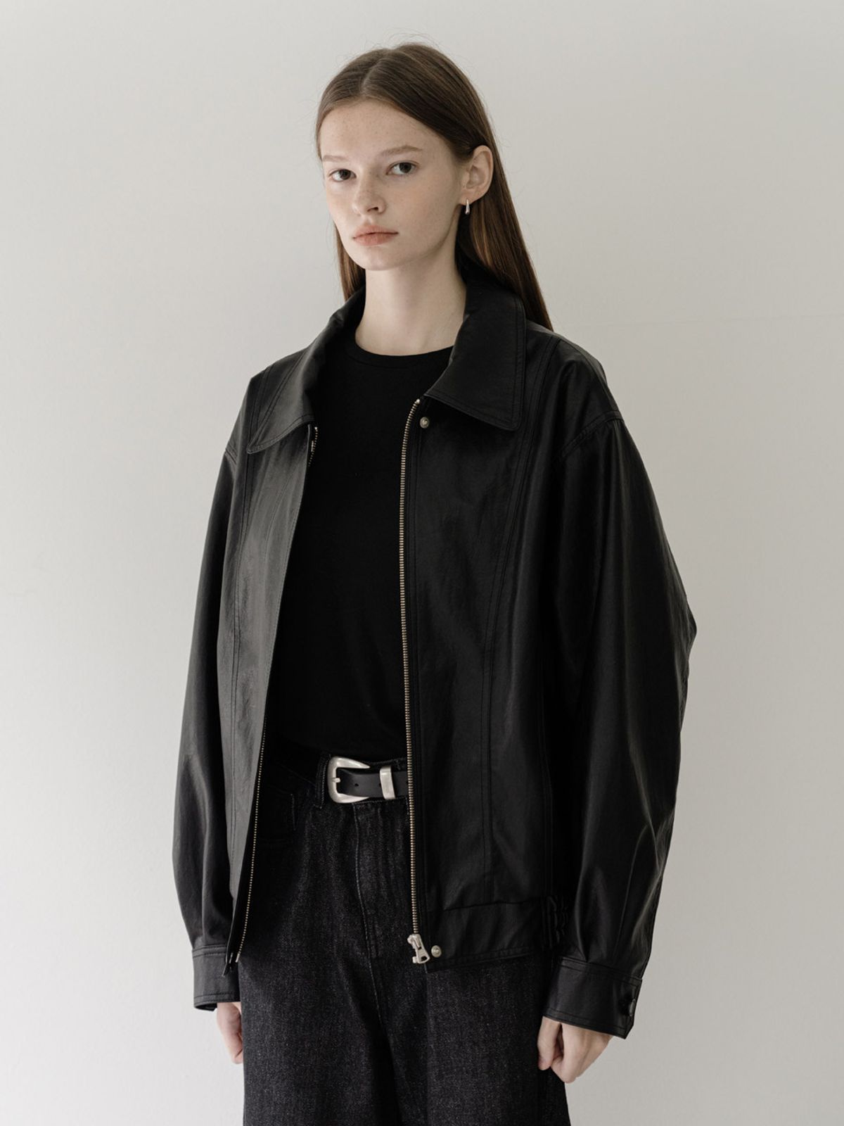 클루니(CLUNY) Overfit leather blouson jumper -  black