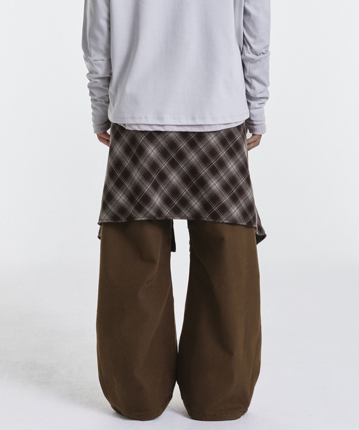 기철(KICHUL) Layered Offcheck Wide Pants (Brown)