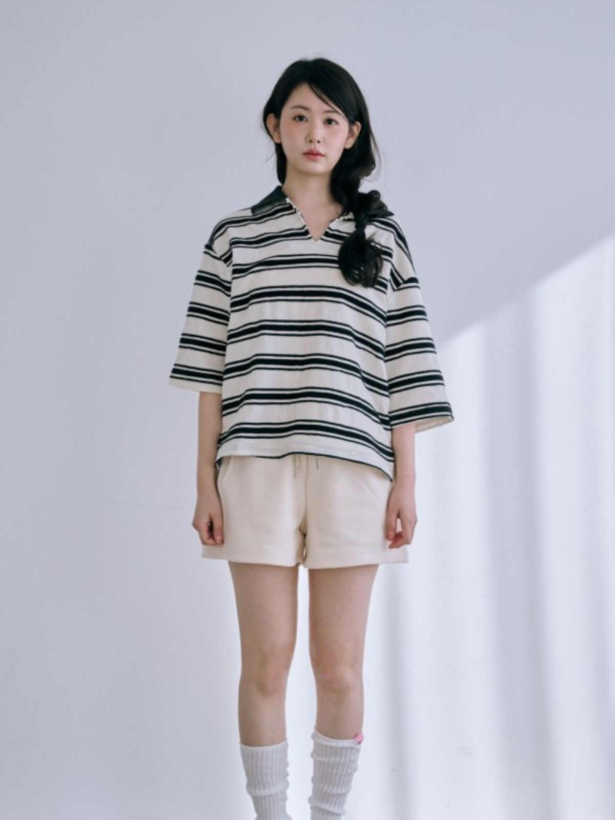 바이서우(BYSEOWOO) 이센셜 스트라이프 반팔 티셔츠 (아이보리/네이비)