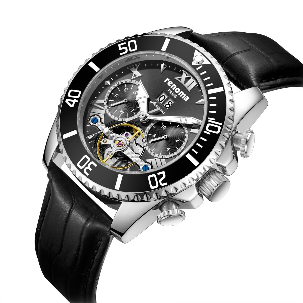 레노마 시계(RENOMA WATCH) 레노마 RE2502HM 멀티펑션 오토매틱남성가죽시계 화이트블랙/블랙앤블랙