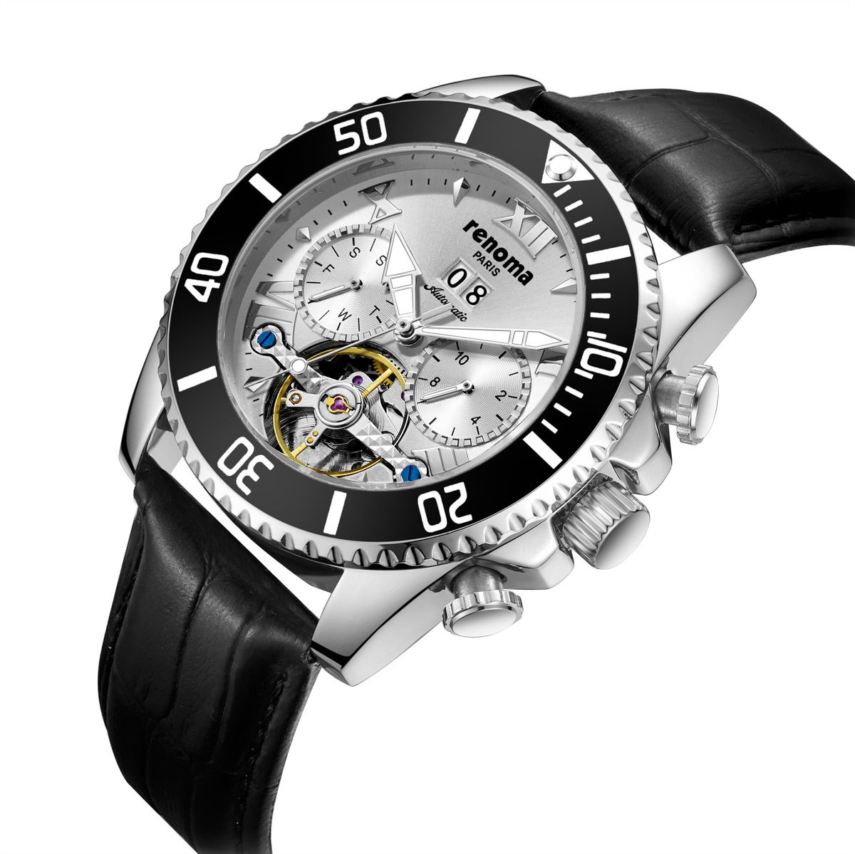 레노마 시계(RENOMA WATCH) 레노마 RE2502HM 멀티펑션 오토매틱남성가죽시계 화이트블랙/블랙앤블랙
