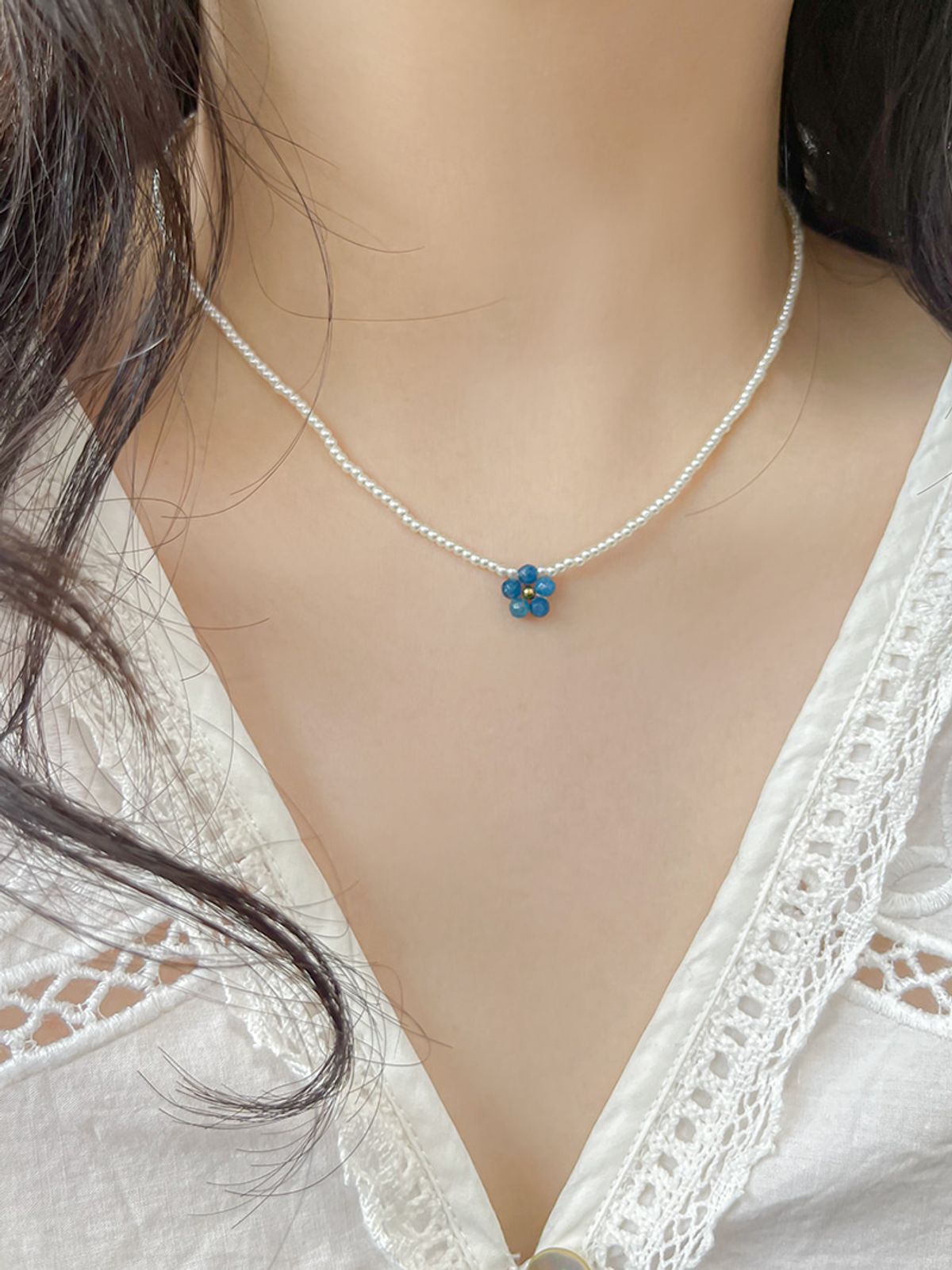 소수(SOSOO) Flower Gemnstone Pearl Necklace