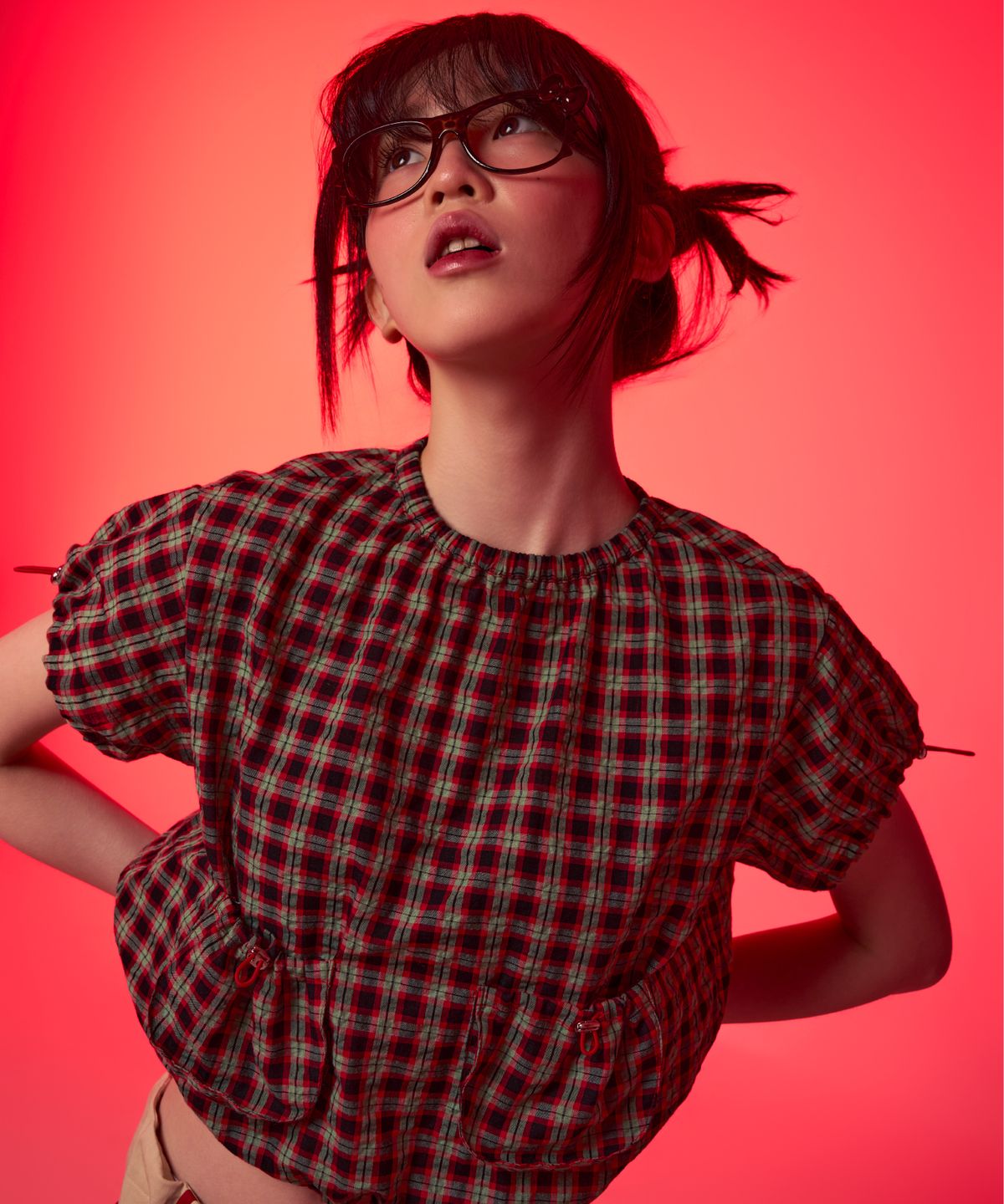 유얼쎄시(YOUR SASSY) Check String Pocket Blouse (RED)