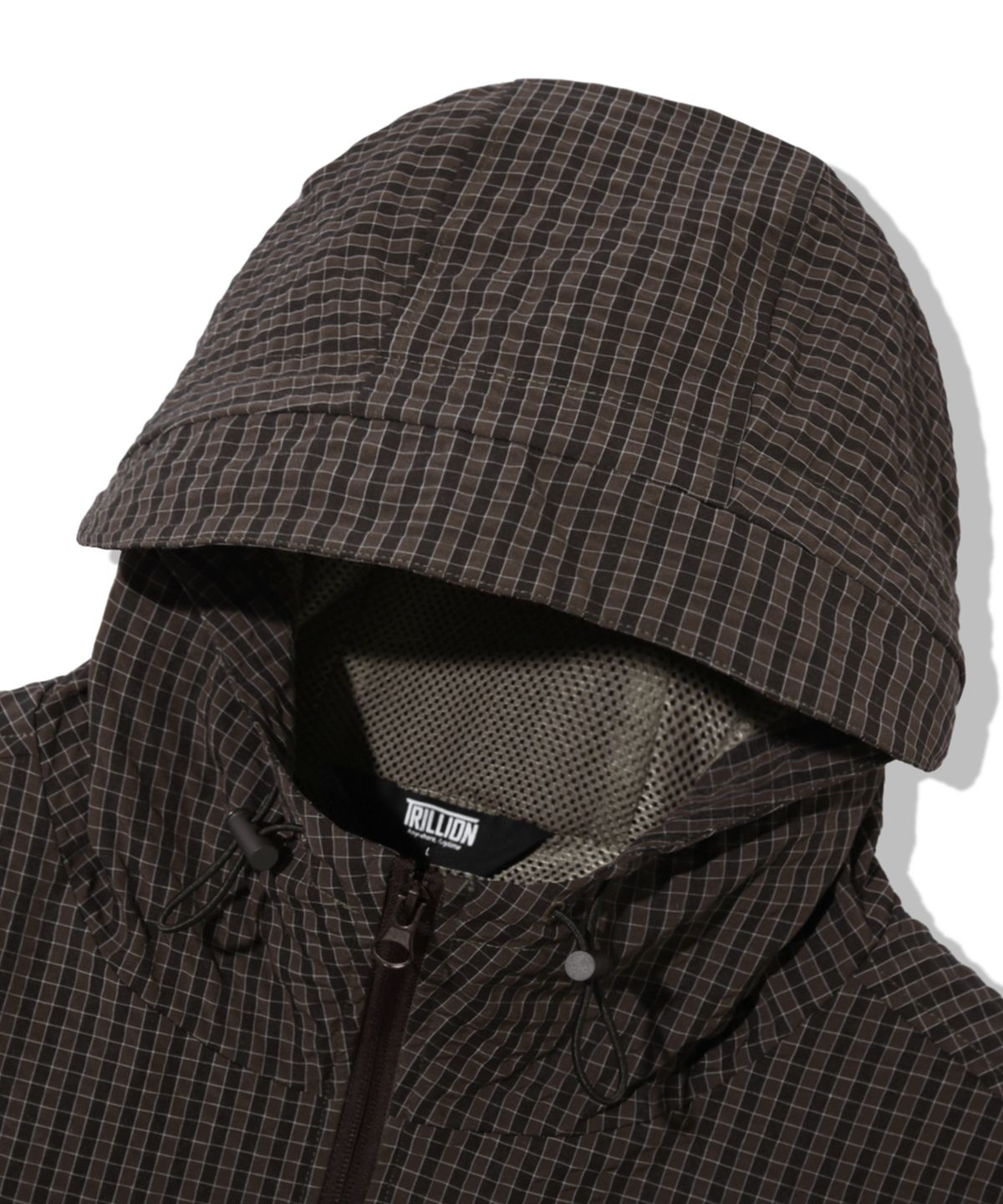 트릴리온(TRILLION) 체크 패턴 후드 집업 윈드브레이커_카키 브라운