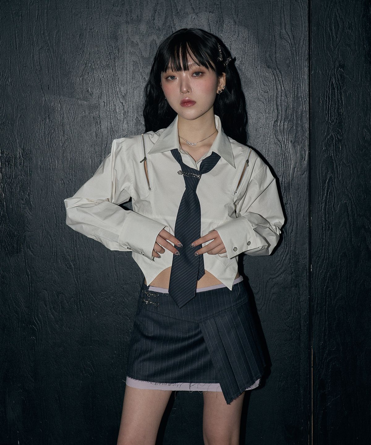 체리퀴리(CHERRYQUIRI) stripe wrap sk - charcoal