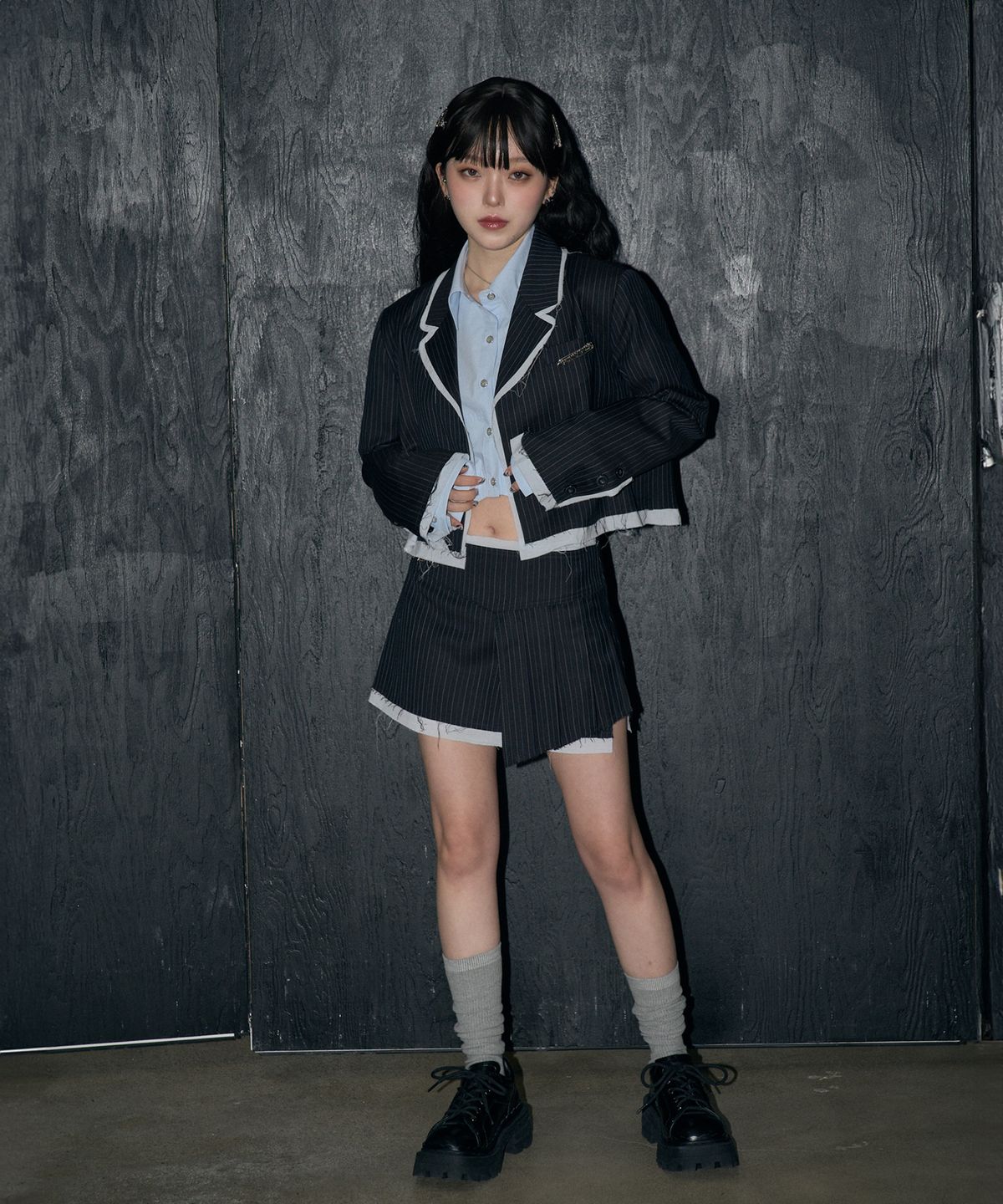 체리퀴리(CHERRYQUIRI) stripe crop jk - dark navy