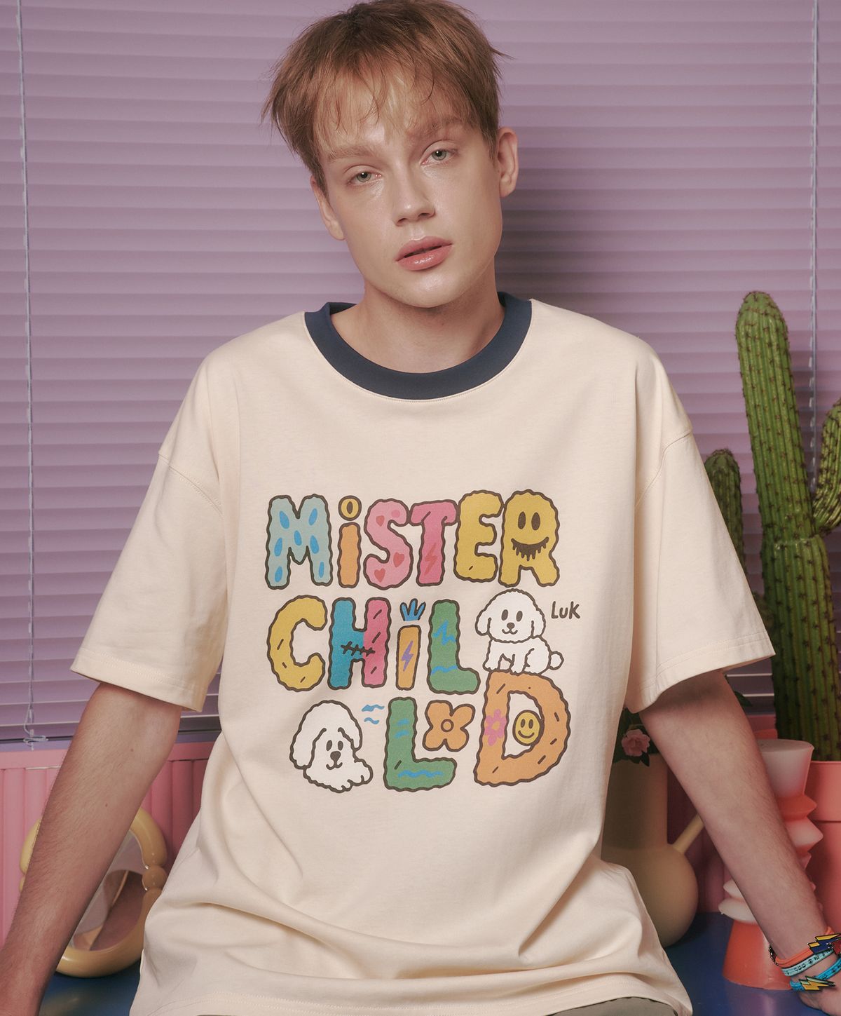미스터차일드(MISTER CHILD) 레터링 티셔츠 크림 네이비