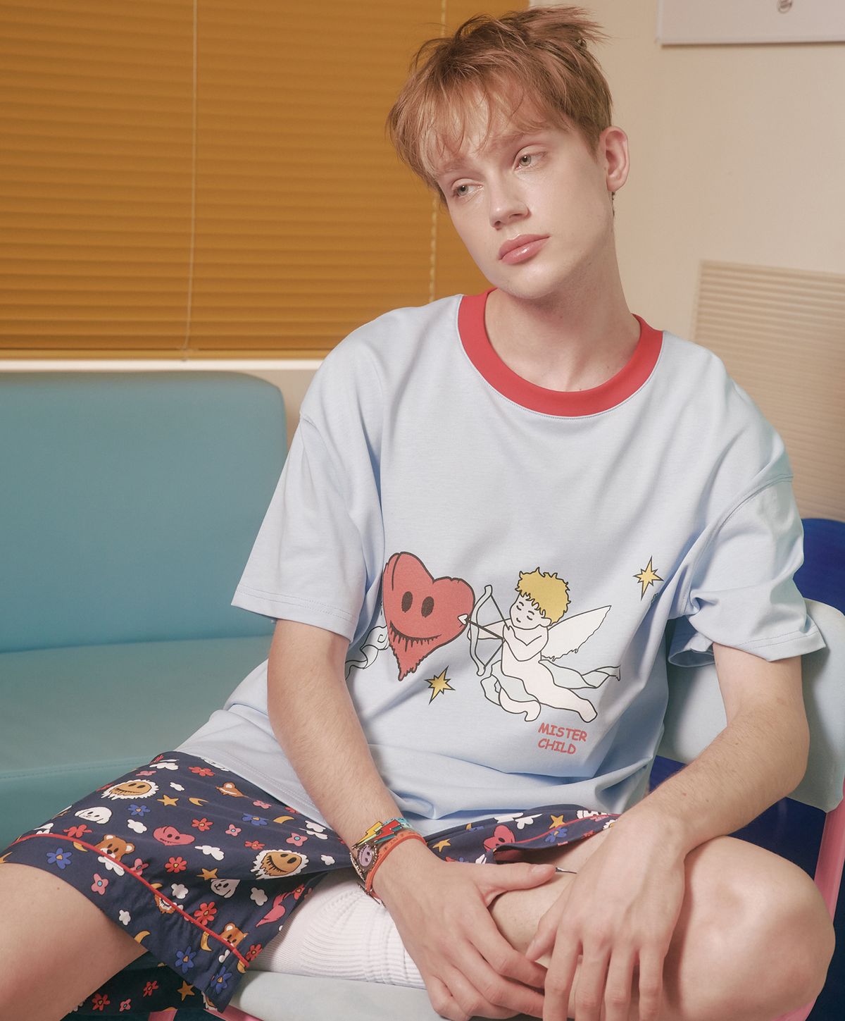 미스터차일드(MISTER CHILD) 엔젤 하트 티셔츠 스카이블루 레드