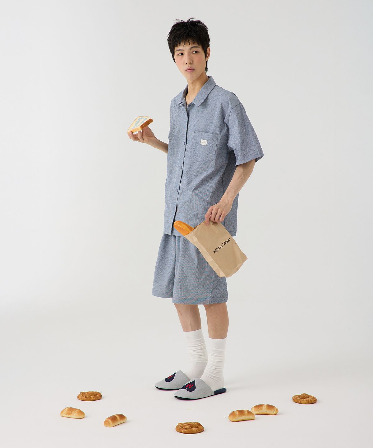 미스틱문(MISTIC MOON) [남녀공용] 레이지 반팔 파자마 3피스 세트 (navy)