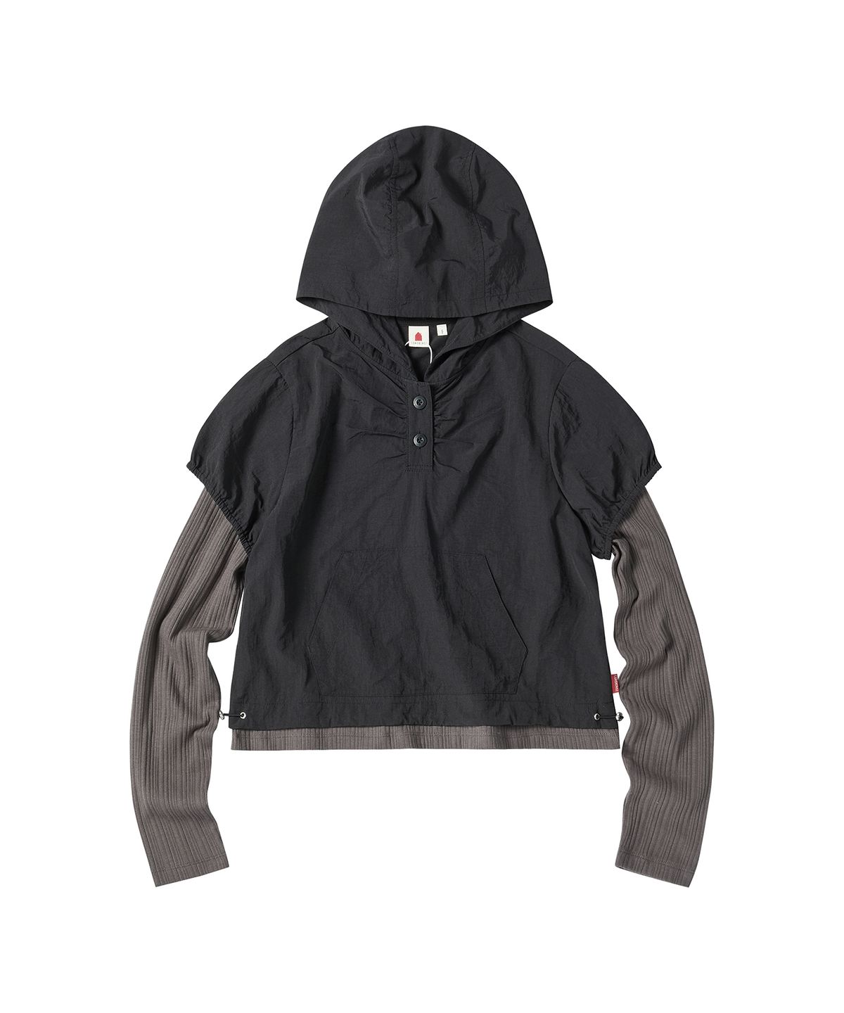 꼬모니노즈(COMONINOZ) W PUFF SLEEVES LAYERED HOODIE [BLACK]
