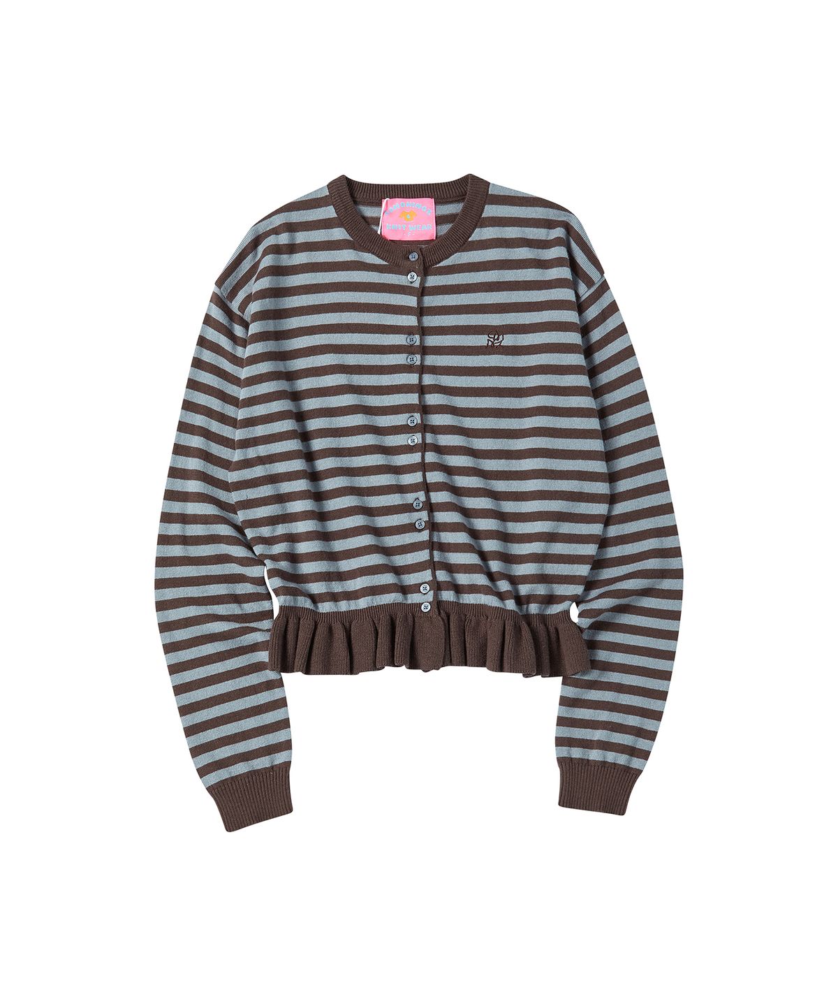 꼬모니노즈(COMONINOZ) W STRIPE FRILL CARDIGAN [BROWN]