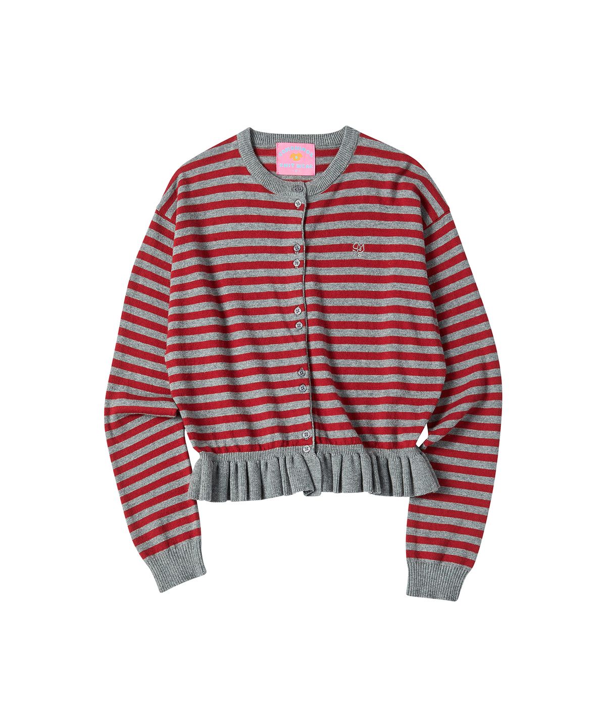 꼬모니노즈(COMONINOZ) W STRIPE FRILL CARDIGAN [RED]