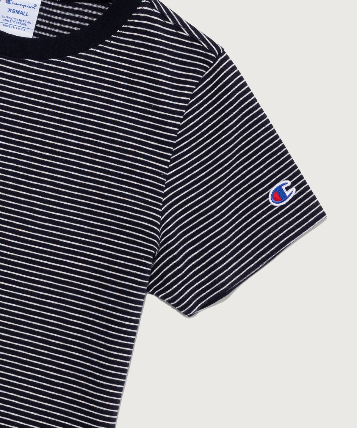 챔피온(CHAMPION) 여성 C로고 스트라이프 반팔 티셔츠 Navy