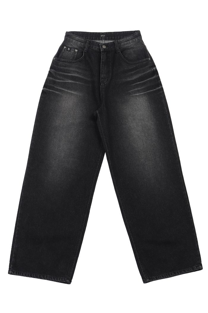MUSINSA | SYNERJYN OVERSIZED CAT WASHING DENIM PANTS BLACK