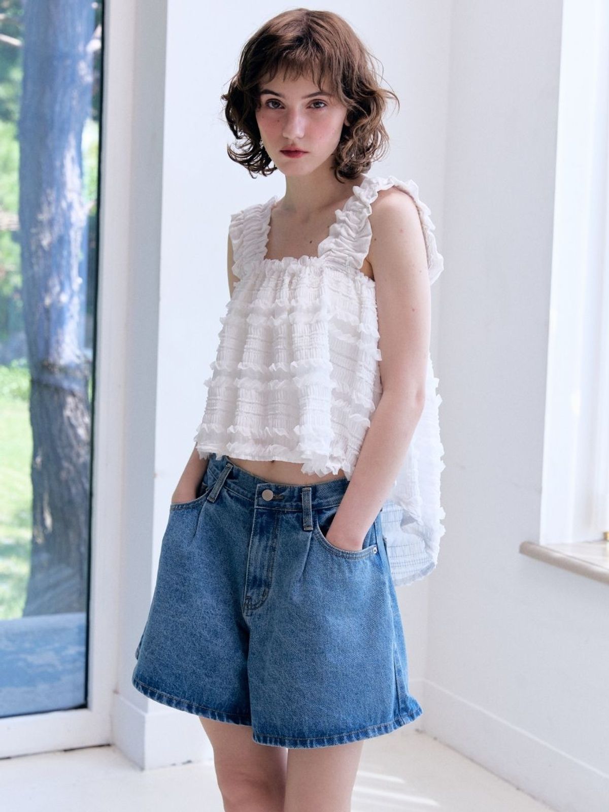 패브릭서울(FABRICSEOUL) pintuck denim A-line shorts_dark blue