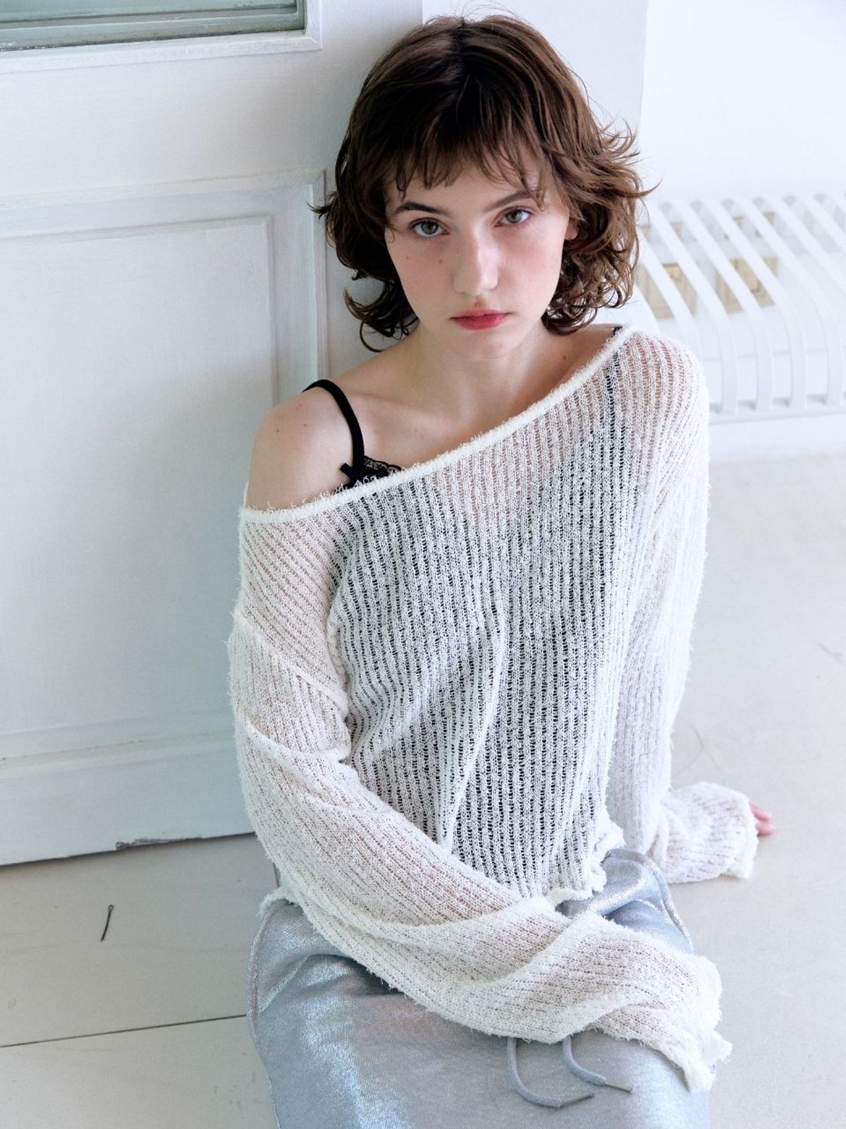 패브릭서울(FABRICSEOUL) Ribbon Cotton Tail Boat Neck Knitwear_white