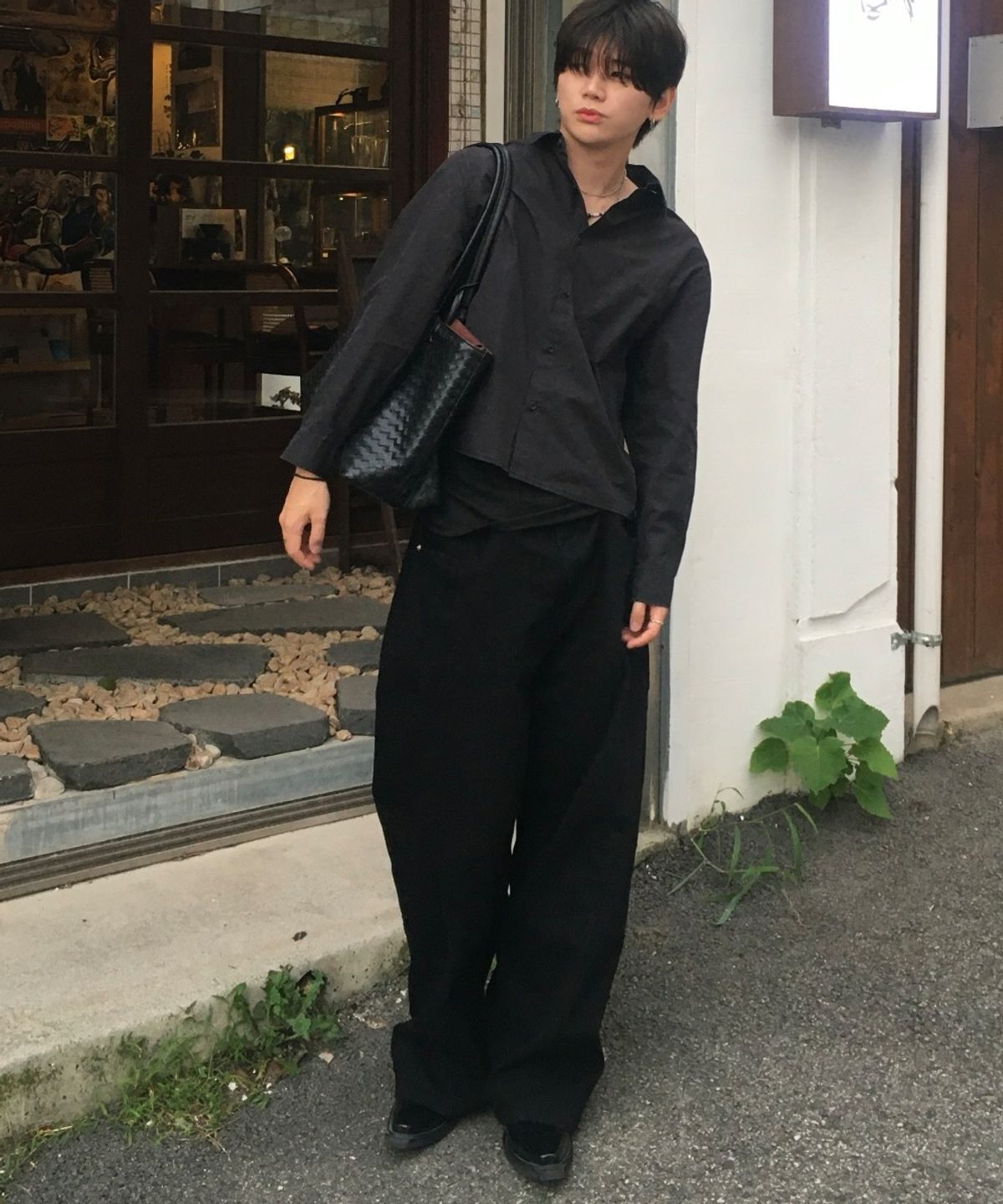 지크립(GCLIP) ​​블랙 커브드 절개라인 와이드 코튼 팬츠