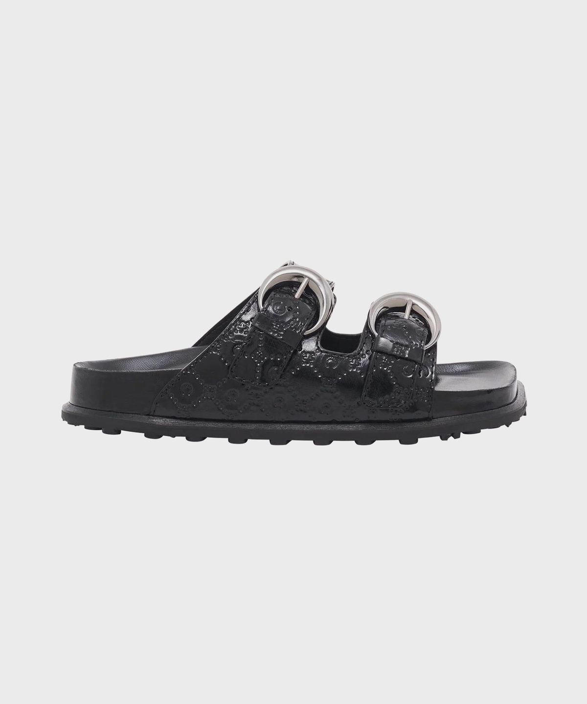 마린 세르(MARINE SERRE) (W) 무노그램 엠보스드 레더 MS 슬라이드 블랙 MOONOGRAM EMBOSSED LEATHER MS SLIDE BK99 BLACK