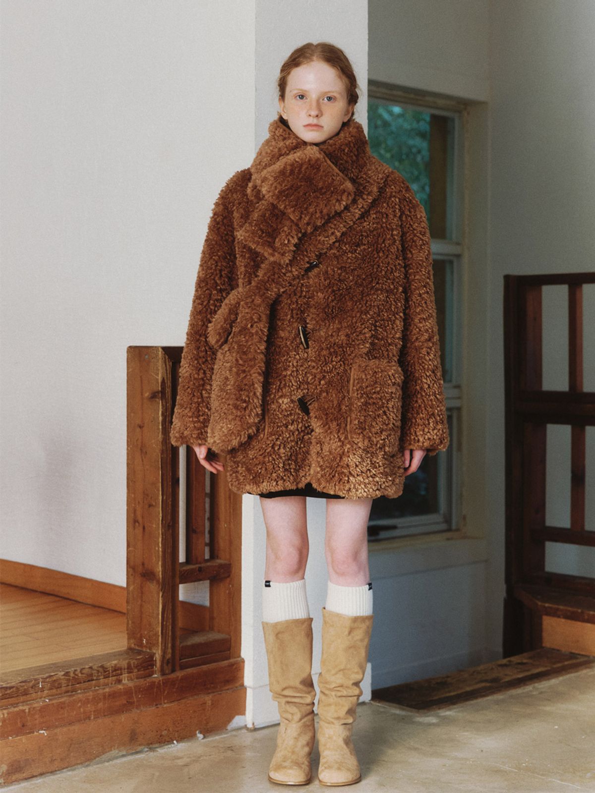 클루니(CLUNY) [SET] Muffler + Fur Half Coat - brown