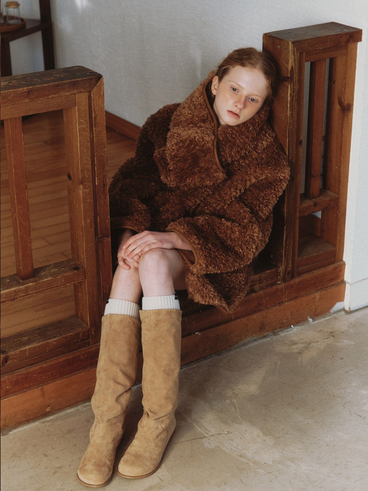 클루니(CLUNY) [SET] Muffler + Fur Half Coat - brown