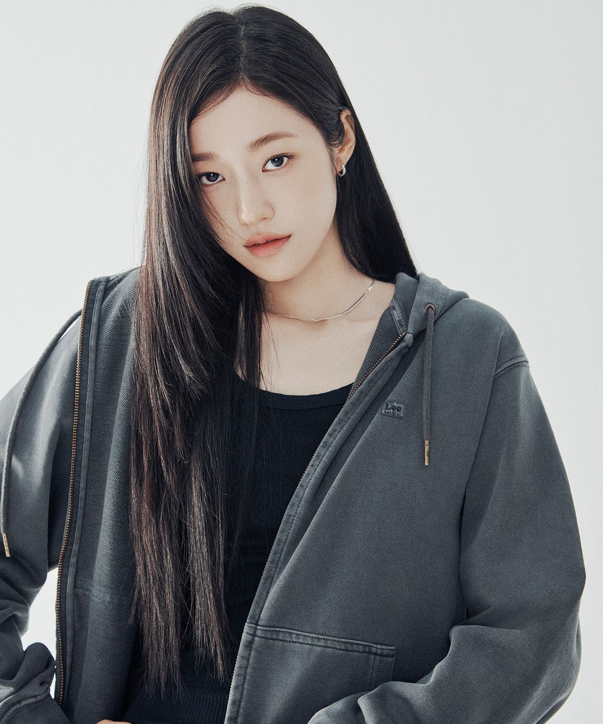 리(LEE) 다이드 라벨 후드 집업 피그먼트 챠콜