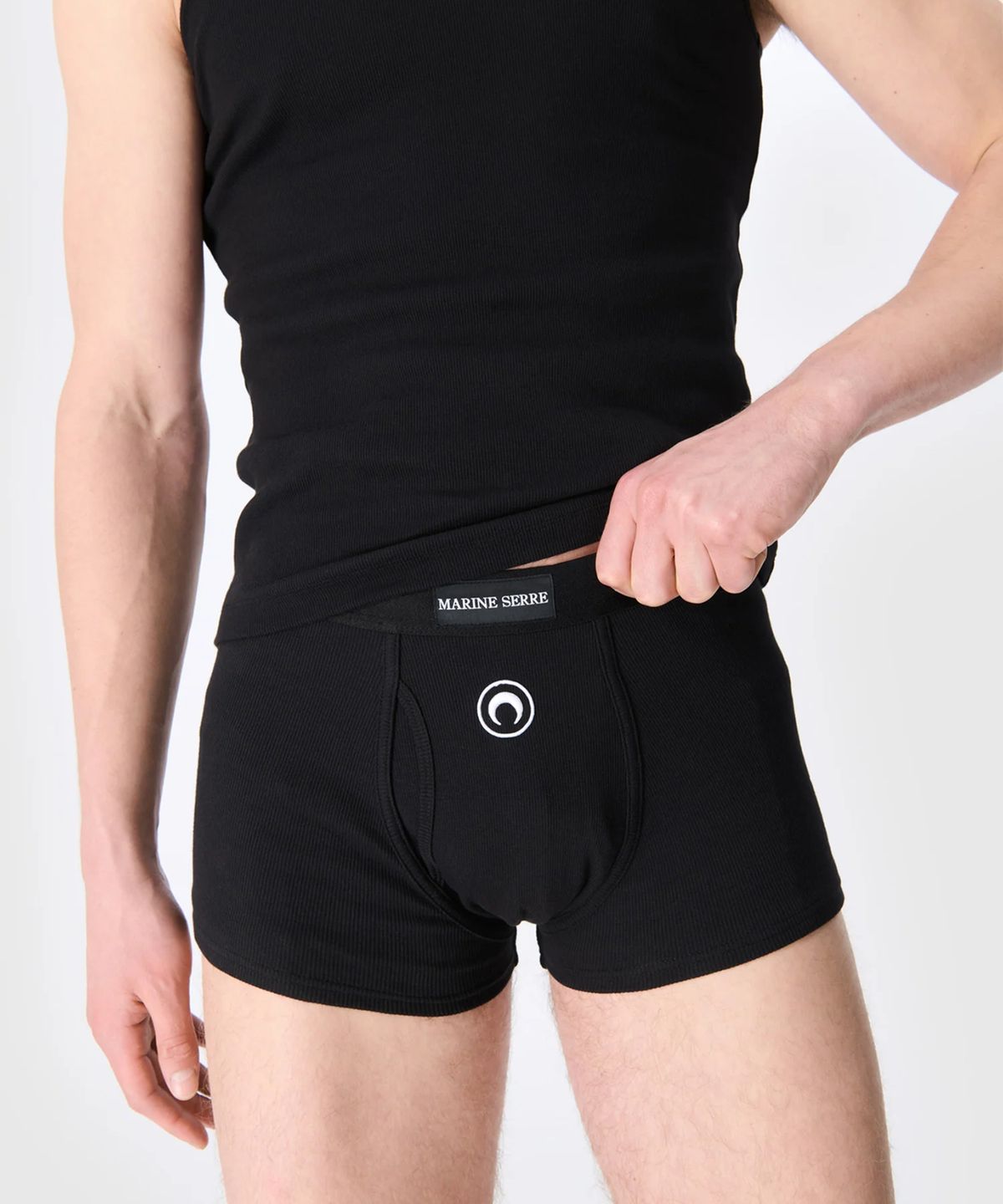 마린 세르(MARINE SERRE) (M) 문 로고 스트레치드 저지 박서 쇼츠 블랙 MOON LOGO STRETCHED JERSEY BOXER SHORT BK99 BLACK