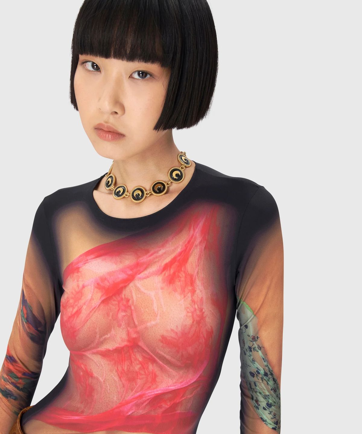 마린 세르(MARINE SERRE) (W) 리사이클드 드레이프 스태츄 저지 크루넥 탑 다크 베이지 RECYCLED DRAPED STATUE JERSEY SS CREWNECK TOP BG50 DARK BEIGE