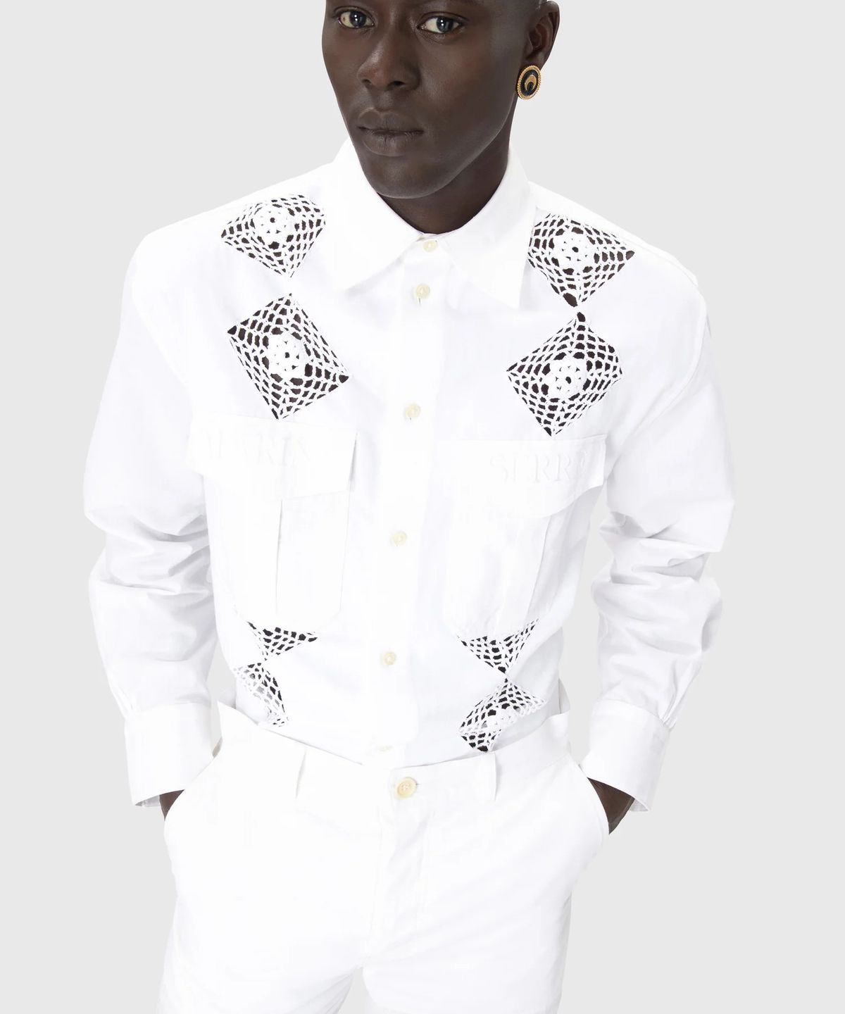 마린 세르(MARINE SERRE) (U) 리제너레이티드 하우스홀드 린넨 트윈 포켓 셔츠 화이트 REGENERATED HOUSEHOLD LINEN TWIN POCKET SHIRT WH20 OFF WHITE