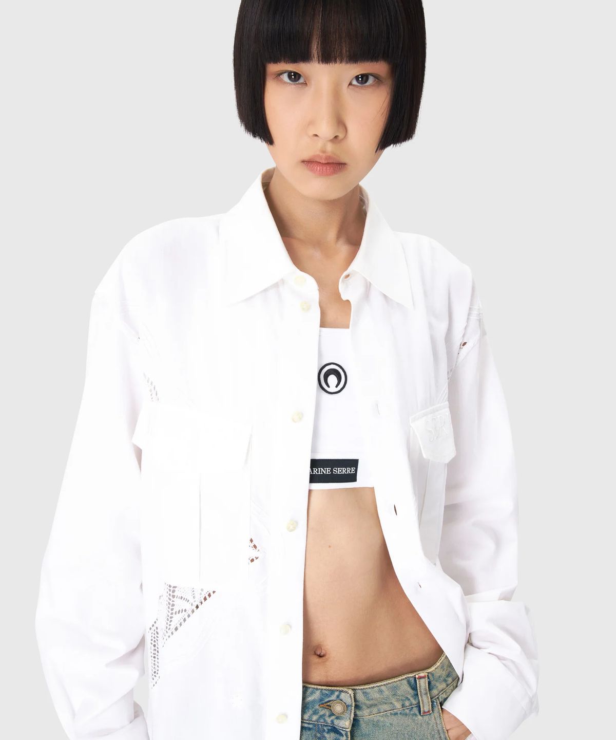 마린 세르(MARINE SERRE) (U) 리제너레이티드 하우스홀드 린넨 트윈 포켓 셔츠 화이트 REGENERATED HOUSEHOLD LINEN TWIN POCKET SHIRT WH20 OFF WHITE