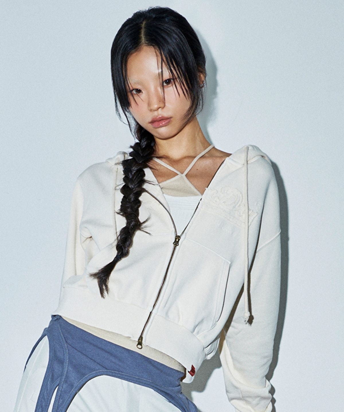 슈퍼드라이(SUPERDRY) W 아플리케 로고 후드집업 크림