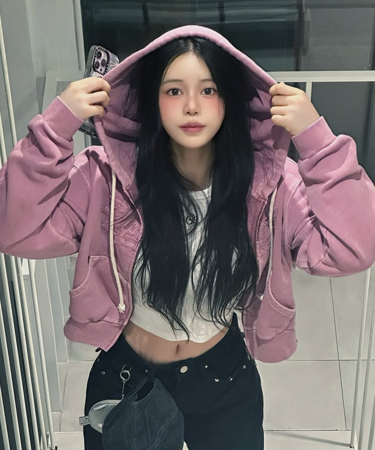 슈퍼드라이(SUPERDRY) W 아플리케 로고 후드집업 다크핑크
